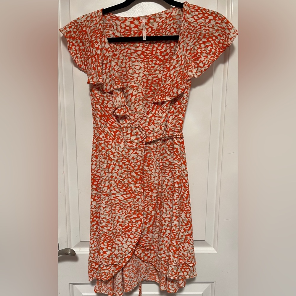 Free People Wrap Mini Dress Ruffle Boho French Quarter Romantic Orange Resort XS - Picture 5 of 11
